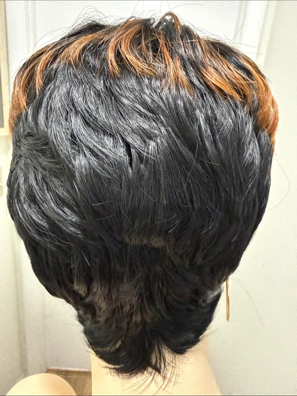 HAIR, Pixie Cut with Bangs, Black with Copper/Carmel highlights